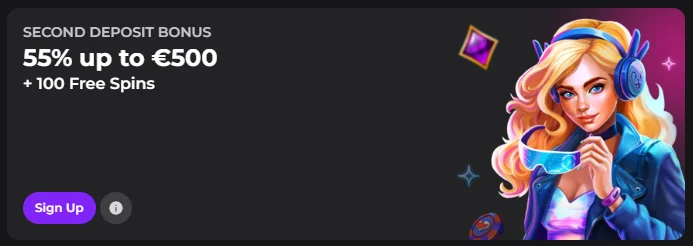 second deposit bonus 55% plus 100 free spins