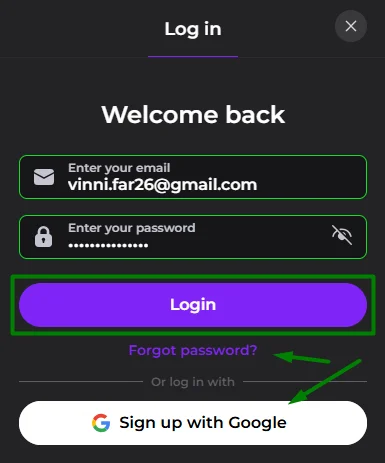 quick log in form